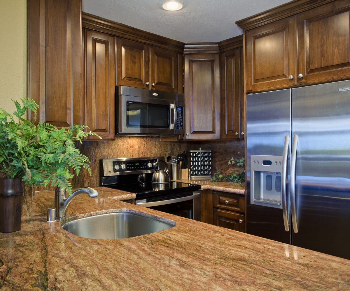 E101 Kitchen counters, stainless steel fridge/freezer combo, and new artisan cabinets